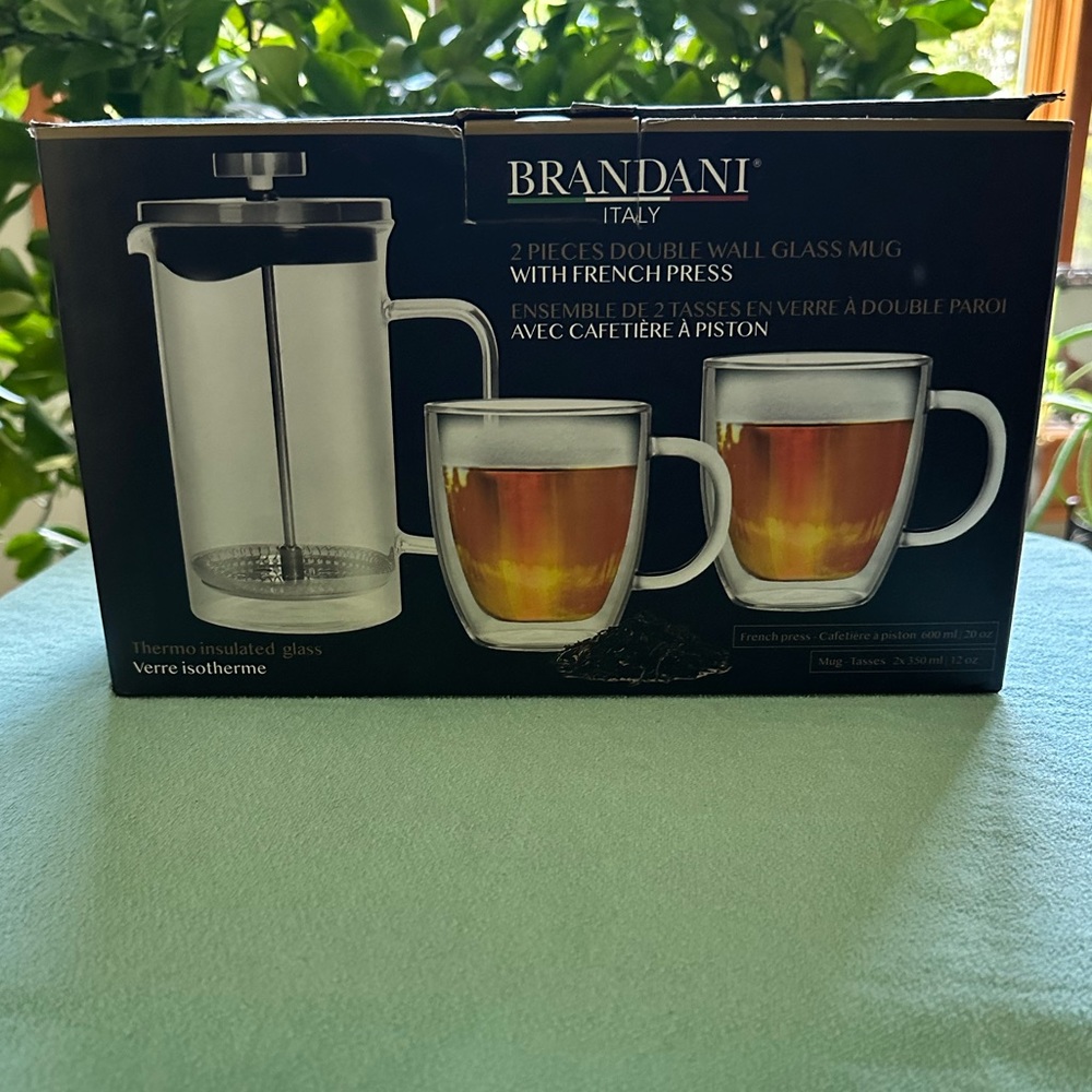 NWOT Brandani Italy French Press and 2-piece double wall glass.
